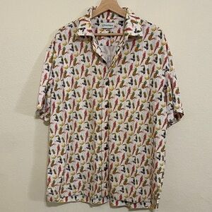 Caribbean White Short-Sleeve Button-Down with Red, Yellow, Green Parrot Print